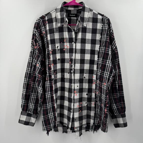 Desigual Shirt Women's Size Medium 'Vive' Patchwork Plaid Long Sleeve Cotton B&W - Picture 16 of 16